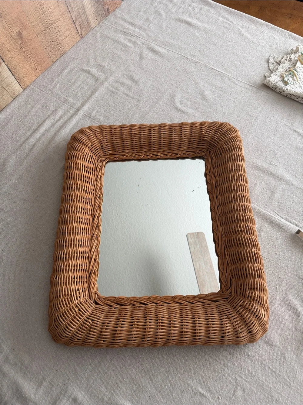 Vintage Rectangular Wicker Rattan Wall Mirror Honey Color